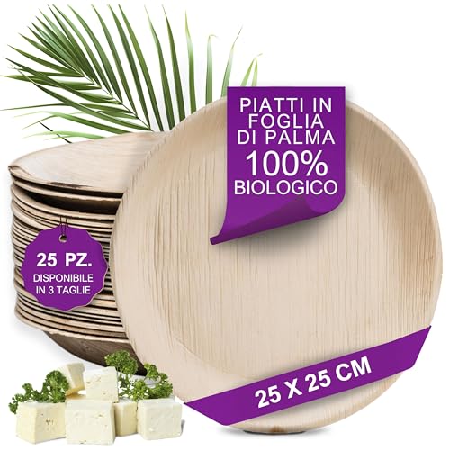Waipur Piatti in Foglia di Palma Ecologici - 25 Pz Rotondi 25x25 cm - Stoviglie usa e getta Biodegradabili di Alta Qualità - Eleganti e Resistenti - Simile al Bamboo e al Legno