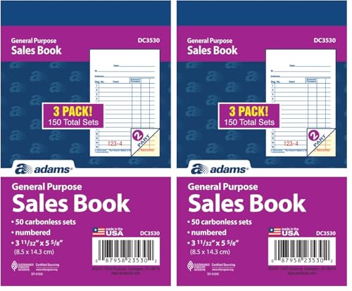 Image of Adams General Purpose Sales Book, 2-Part, Carbonless, White /Canary, 3-11 /32 x 5-5 /8 Inches, 50 Sets /Book, 3 Books (DC3530) (Pack of 2)