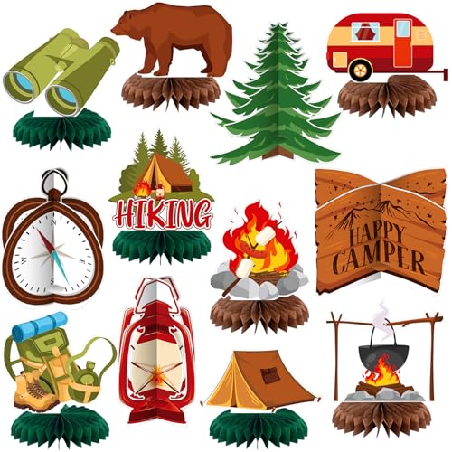 Image of Yuntau 12 Pcs Summer Camping Party Decorations Happy Camper Honeycomb Centerpieces Adventure Decoration Camping Party Table Sign Campfire Adventure Bears Table Toppers 3D Decor for Birthday