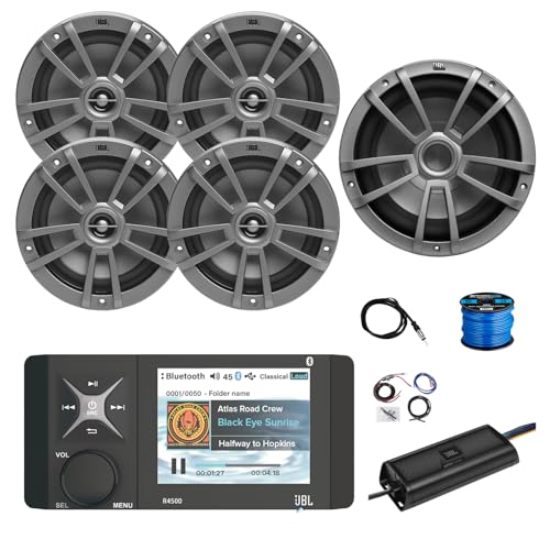 Marine Bluetooth AM/FM/WeatherBand Radio Receiver, 4X 6.5 180 Watt 2-Way Multi-Element Audio Speakers (Gray), Wire, Antenna, 10