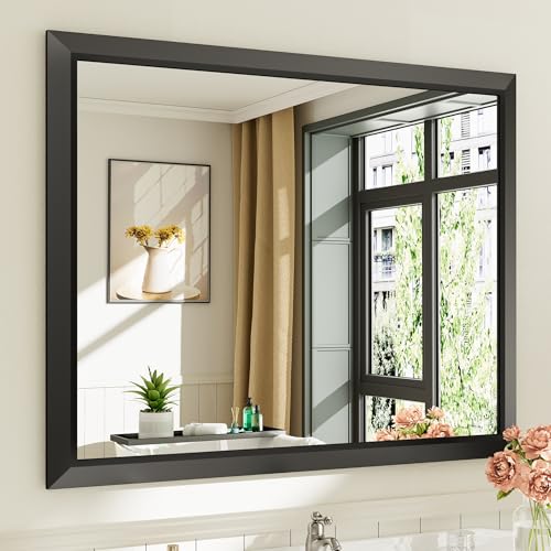 40x32 Inch Black Bathroom Mirror for Wall, Thick Metal Framed Rectangle Mirrors for Over Sink, Bedroom, Living Room, Entryway, Anti-Rust, HD Tempered Glass