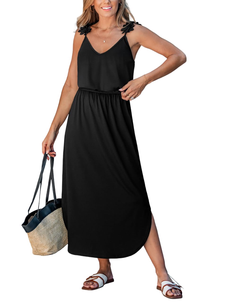 CUPSHE Robe d'été pour femme avec col en V, sans manches, motif floral 3D, bretelles spaghetti smocekd, taille élastique, robe longue décontractée