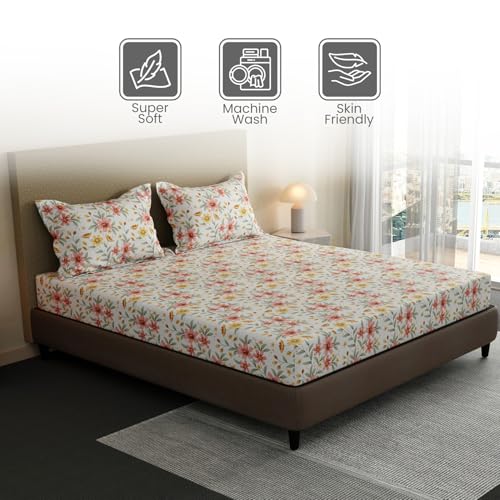 Image of Layers 100% Cotton Fitted Sheet for King Size Bed | Lumina Floret Collection | 144 TC Soft & Breathable | Floral Print with 2 Pillow Covers | Wrinkle Free & Colorfast | 3 Pc Bedding Set - Multicolor