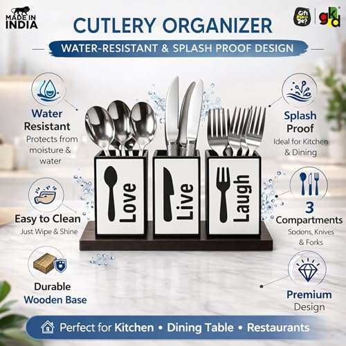 Image of GKD Wooden Spoon Holder for Kitchen Counter, 3 Section Cutlery Stand Organizer for Spoon Knife Fork, MDF Wood Utensil Holder with Base for Dining Table & Kitchen (Made in India) (Love Laugh)