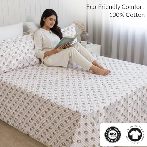 Image of HOMEMONDE Single Size Bedsheet | Cotton Flat Sheet with One Pillow Cover | 186 TC |Floral Design| All-Season Soft Bedsheet for Single Bed (60 x 90 Inch /152 x 229 cm, Peach)