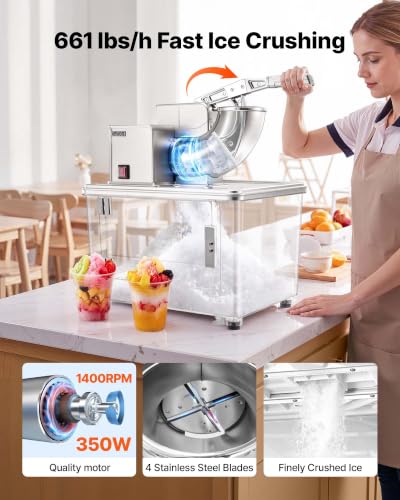 Image of VEVOR Commercial Ice Crusher 661LBS /H, 350W Electric Snow Cone Machine with 4 Blades, 2000RPM Stainless Steel Shaved Ice Machine with 11 Gal Crushed-Ice Box, for Family Restaurants Bars, Silver