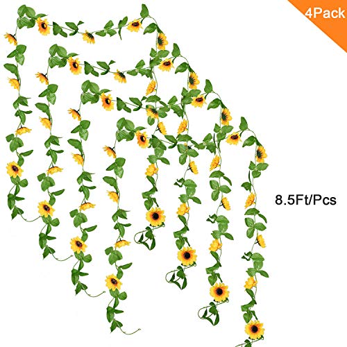 Image of DearHouse 4 Pack Artificial Sunflower Garland Silk Sunflower Vine Artificial Flowers With Green Leaves Wedding Table Decor, 8.5 Feet