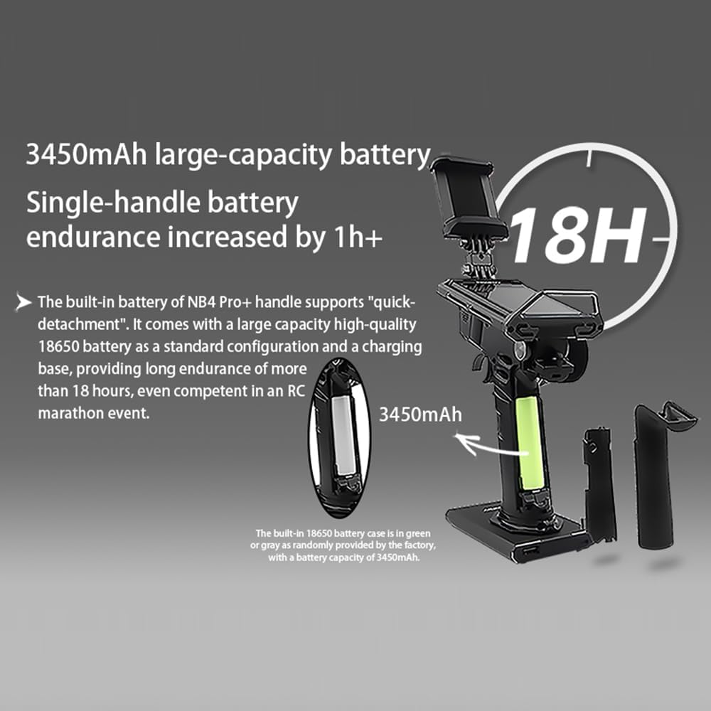 Diagram showing the 3450mAh 18650 battery being inserted into the GoolRC Flysky Noble NB4 Pro+ transmitter handle, highlighting the quick-detachment feature and 18-hour endurance.