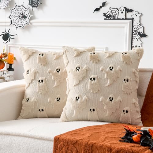 UGASA Halloween Pillow Covers 20x20 Inch Set of 2 Cute Little Ghosts Throws Pillowcases Spooky Embroidery Soft Plush Faux Wool Cushion Cases for Fall Decor Gift Couch Sofa Chair Bedroom Beige