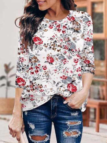 KISSMODA Tunic Tops for Women Loose Fit Dressy Round Neck Pleated 3/4 Length Sleeve Spring Tops