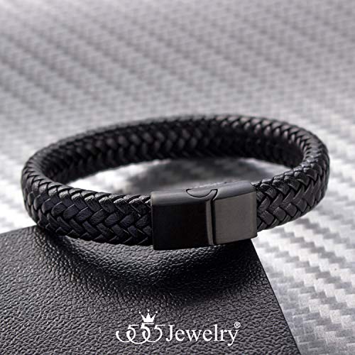 555Jewelry Stainless Steel Magnetic Clasp Braided Brown & Black Leather Bracelet for Men3