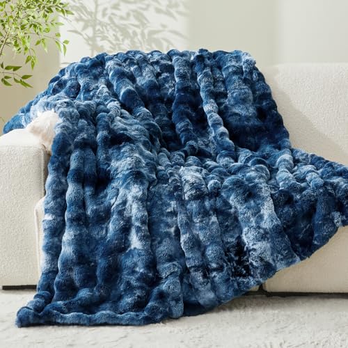 BEDELITE Faux Fur Throw Blanket for Couch, Decorative Tie-Dye Blue Plush Bubble Blanket - Super Soft & Cozy Fluffy Faux Rabbit Fur Blanket for Women Gift, 50x60 Inches