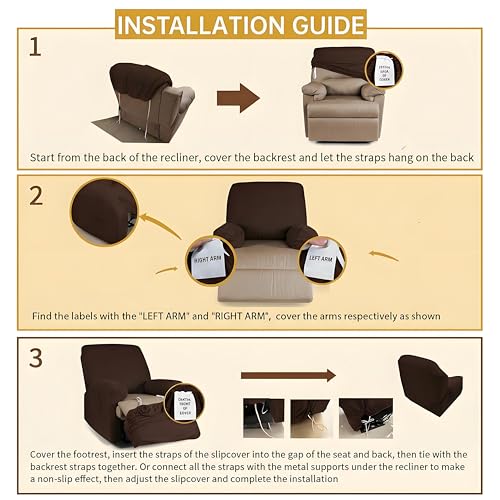 Image of YEMYHOM 4 Pieces Stretch Recliner Slipcover Jacquard Recliner Chair Cover with Side Pocket Anti-Slip Fitted Recliner Cover Couch Furniture Protector with Elastic Bottom (Recliner, Light Coffee)