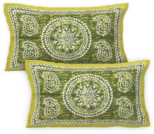 Image of JAIPUR PRINTS 100% Cotton Rajasthani Jaipuri Traditional Floral Double Bedsheet with 2 Pillow Covers - Multicolor, 180-200 tc (Blue-Carry, Double)