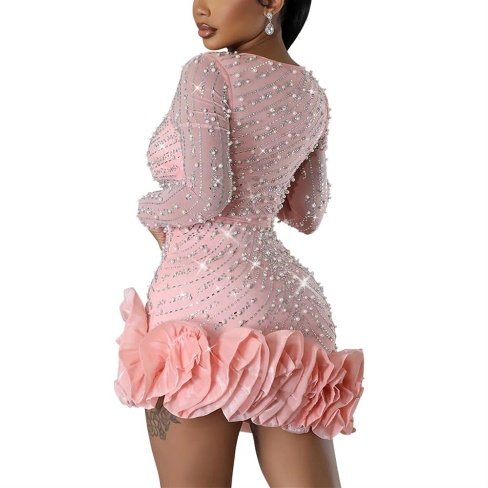 Mini Vestido Ajustado De Manga Larga De Malla De Corte Bajo para Mujer Traje Plisado De Moda con Diamantes De Imitación Y Dobladillo con Volantes para Fiesta Y Club Nocturno