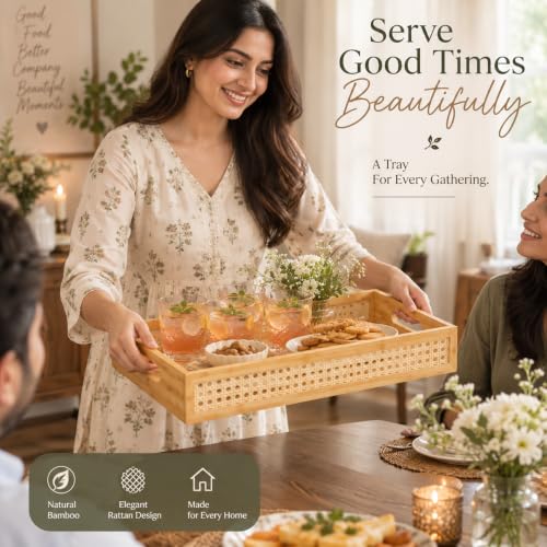 Image of Curated Cart Bamboo Serving Tray with Cut-Out Handles - Rattan Cane Woven Base - Eco-Friendly Rustic Tray for Coffee Table, Breakfast (Tray -Rectangle-3P-S,M,L)