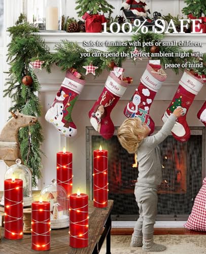Image of Red Flameless Candle Fairy String Lights, Premium LED Flickering Flame Simulation, LED Candle with Remote & Timed, 5 Cell Battery Powered, Christmas Candle