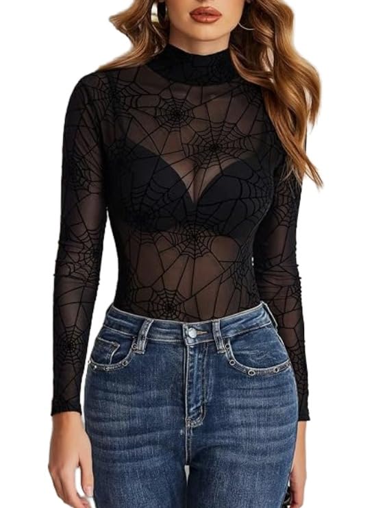 Avidlove - Body para mujer, sexy, bodysuit elegante, malla, manga larga, con encaje, moldeador, con cuello alto, top para rave, festival, fiesta, club, XL