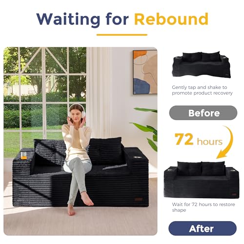 Image of MAXYOYO 63 inch Boneless Loveseat Sofa Couch for Small Spaces, Mini Love Seat Floor Couch with Cup Holders and Pillows, 2-Seater Upholstered Cloud Couch for Bedroom Apartment, No Assembly Required