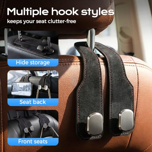 Image of Fauppt Headrest Hooks for Car Car Seat Hooks for Headrest,2026 Hooks for Purses and Bags Cute Car Purse Holder,Twinhook Leather Car Headrest Hangers Seat Back Organizers for Travel (Grey*2)