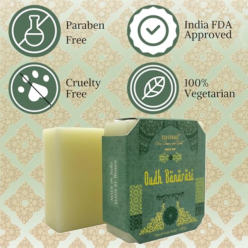 Image of Nyassa Luxurious Oudh Banarasi Handmade Natural Bathing Soap | Almond Butter, Organic Sweet Almond Oil | Oudh Fragrance | Moisturizer | All Skin Type 150gm