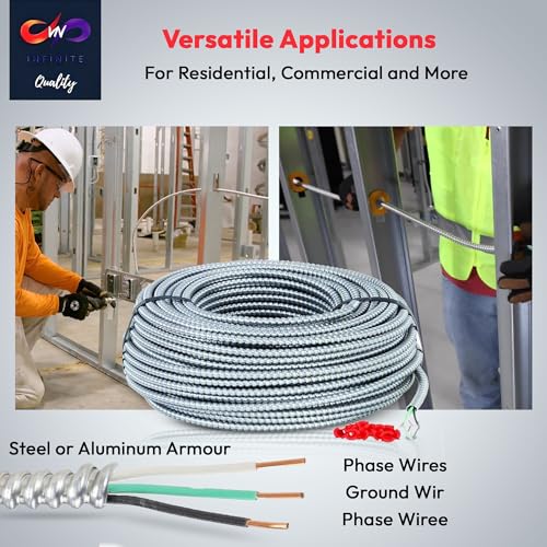 Solid Metal Clad 12/2 Cable with Ground Wire 250 Feet - MC Aluminium Armor - Copper Conductor (250ft Cut)