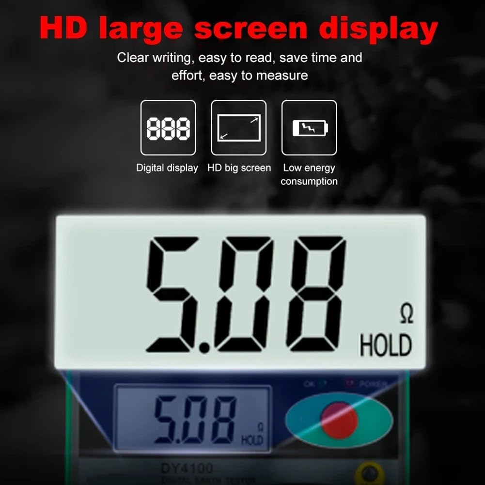 Medidor digital de resistencia a tierra, 220 x 270 x 100 mm, modelo DY4100, medición de engranajes de 3 posiciones, pantalla HD, lecturas rápidas para electricistas y uso industrial (A)