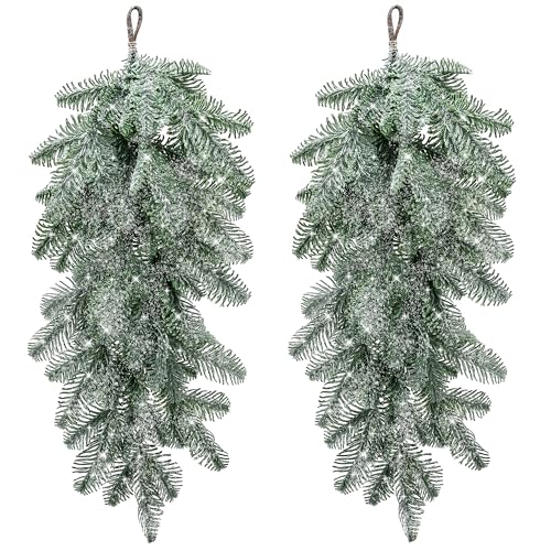 Watayo 2 Pcs Artificial Christmas Snow Teardrop Swag, 28" Faux Snow Flocked Norfolk Pine Teardrop Door Swag, White Frosted Real Touch Pine Wreath Staircase Swags for Xmas Door Mantle Fireplace Decor