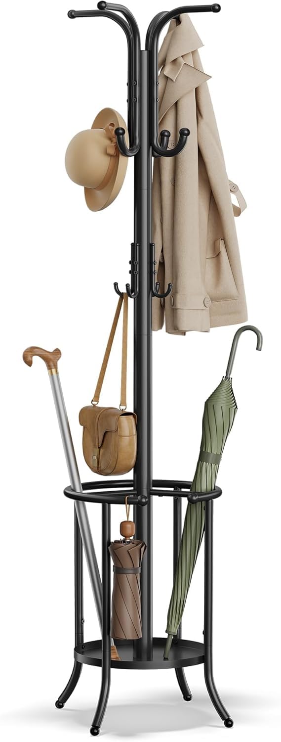 Coat Rack Freestanding, Coat Rack with 12 Hooks, for Entryway, Hallway, Living Room, Bedroom, Ink Black Stand with Umbrella Holder, Black Metal.-image-30