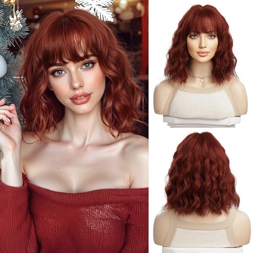OUFEI Reddish Brown Wig with Bangs Curly wigs for Women Short Red Copper Wigs Synthetic Hair Heat Resistant Wigs for Daily Party Cosplay Wear