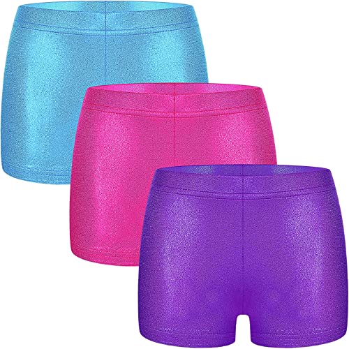 SATINIOR 3 Pieces Girls Gymnastic Shorts Glitter Ballet Dance Shorts Metallic Spandex Shorts for Kid Girls (Purple, Rose, Azure,6-9 Years)