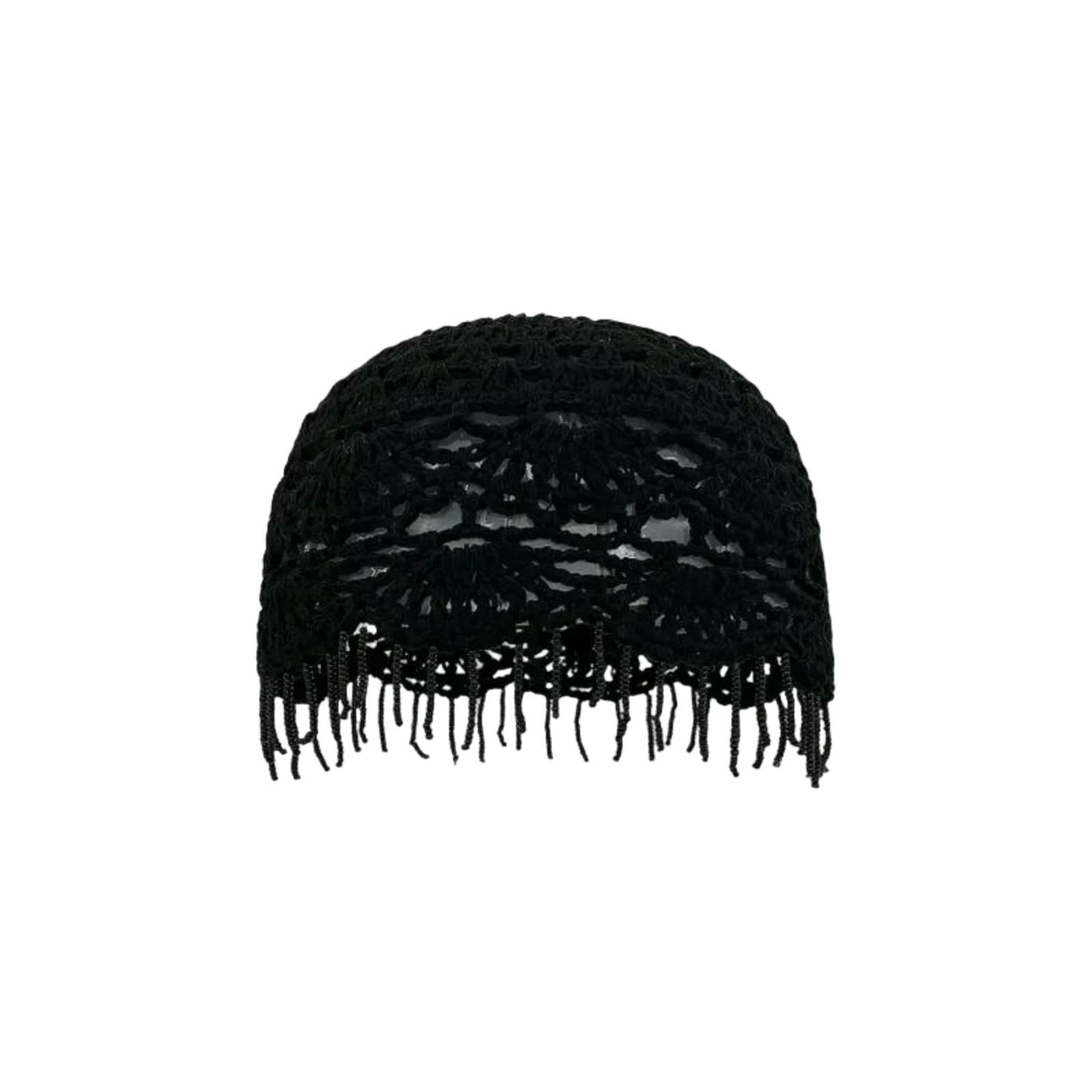 Gyios Unisex Black Beanie Personalized Knitted Beanies Beaded Fringed For Women Summer Autumn Thin Hollow Versatile Casual Retro Ethnic Style Pullover Hat-56-58Cm