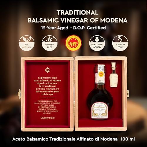 Giusti Traditional Aged Balsamic Vinegar of Modena DOP – 12 Years, Affinato Aceto Balsamico Tradizionale di Modena, Made in Italy Gift Set With Wooden Box – 3.4 fl oz (100 ml) - Pack of 1