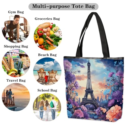 Paris Tower Flower Canvas Tote Bag for Women Large Tote Bag with Zipper & Pockets Canvas Beach Bag Shoulder Bag Reusable Shopping Bags Cute Tote Bags for Work Travel 7