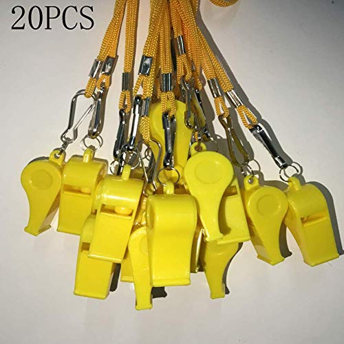 Kaqkiasiog 20 Pcs Yellow Plastic Loud Whistles with Lanyard for Referee Coaches Basketball
