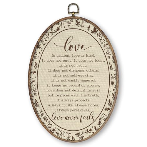 Qskjre 1 Corinthians 13:4-8 Love Is Patient Love Is Kind Christian Wall Art Decor Bible Verse Oval Wood Framed Canvas Wall Artwork Religious Scripture Hanging Prints for Church Decorations 8.6x11.4