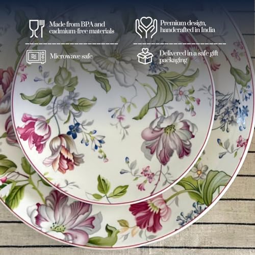 Image of GOLDEN QUEEN'S Snack Plates Set of 4 | Perfect for Snacks, Desserts, Appetizers, Salads, Tapas, Cheese | 7 inches Wide | Microwave Safe (Garden Splendor)