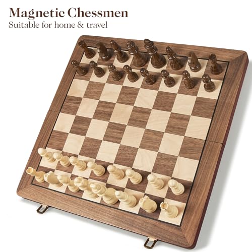 Image of 17 inch Magnetic Wooden Chess Set for Adults Kids, Chess Board Games with Magnetic Pieces & Extra Queens, Folding Portable Travel Large Unique Chess Sets for Tournament Professional Beginner