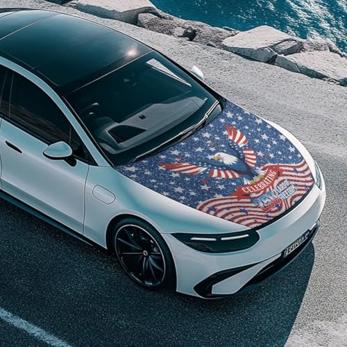 Image of Stars and Stripes 250 Anniversary Car Hood Cover Polyester Elastic Fabrics Can be Washed Suitable for Large SUV and Pickup Trucks