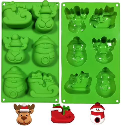 2-Pack Large 6-Cavity Christmas Silicone Molds | Multi-Use Baking Molds for Cakes Soap Chocolate (Elk Sleigh Snowman) | Food Grade Non-Stick Flexible Trays