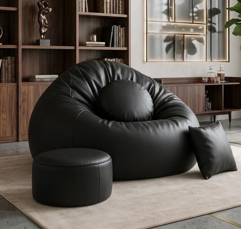 Image of 2XL Teardrop Bean Bag Cover & Chair Set with Footrest & Two Cushion, Faux Leather, Indoor Gaming and Lounging, Adult Size (Black, XXL, Solid)