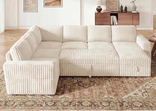 Image of HONBAY Modular Sectional Sleeper Sofa with Pull Out Bed,Corduroy U Shaped Couch with Storage, Sectional Couches for Living Room,Beige