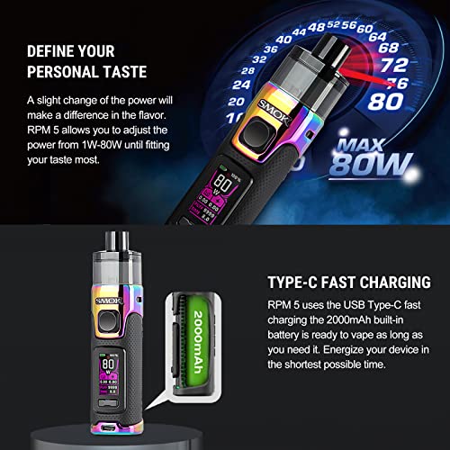 SMOK-RPM5-2000mAh-80W-E-Cigarette-Vape-Starter-Kit-2ml-Slide-Top-Pod-Airflow-Control-Vaping-USB-Type-C-Fast-Charging-TFT-Colorful-Display-2-RPM-3-Meshed-Coils-Ecig-No-Nicotine-Prism-Rainbow