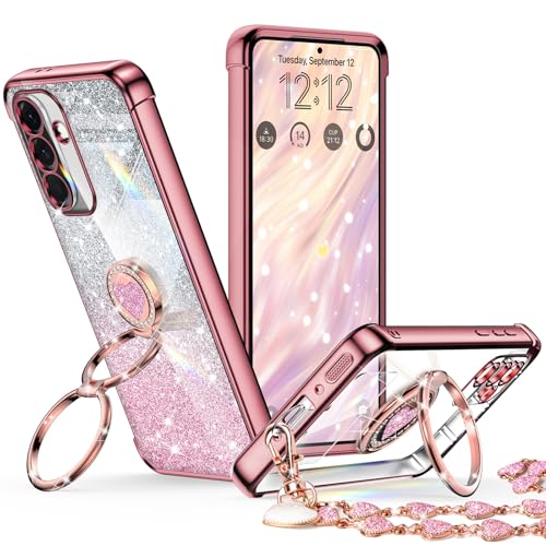 XYZ for Samsung Galaxy A57 5G Back Cover with Stand, Phone Case with Double Ring, Women Girls Bling Luxury Glitter Clear Case Heart for Samsung Galaxy A57 5G, Rose Gold
