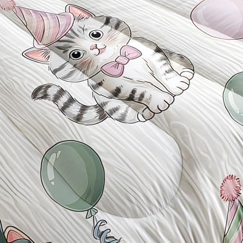 Image of AILONEN Kawaii Kitten Party Comforter Full 3 Piece Bedding Set Teens Girls Room Decor Pastel Cat Balloon Celebration Quilt Animal Print Plush Lightweight All Season Bedspread