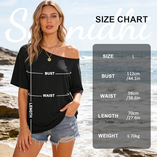 Image of SANNIDHI Women's Off Shoulder Oversized T Shirt, Breathable Lightweight Polyester Silk Loose Batwing Sleeve Summer Top for Casual Daily Wear-L