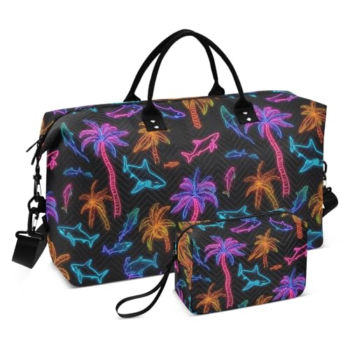 Palm Tree Shark Black Large Travel Duffle Bag Weekender Overnight Bags Gym Yoga Bag for Women Men with Toiletry Bag