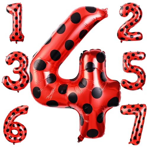 Lunmon 40 Inch Ladybug Large Number 4 Balloon Birthday Decorations Supplies Black Red Polka Dots Ladybird Dots Theme Number Balloons for 4th Birthday Party Baby Shower