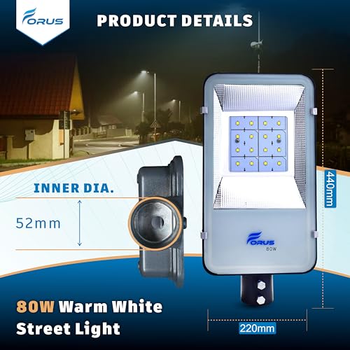 Image of Forus LED Street Light 80W Waterproof with Clamp 5 Years Warranty, Warm White Excellent Quality Street Light, Street Light 80 Watt for Home, Street Lights Outdoor, Street Lamp, LED Street Lights 1Pc