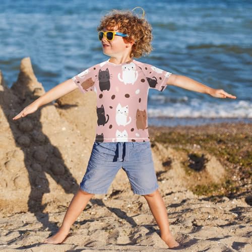 Boys Short Sleeve T-Shirts Cute Cat Cartoon Rashguard Kids Swim Shirts Sun UPF 50+4